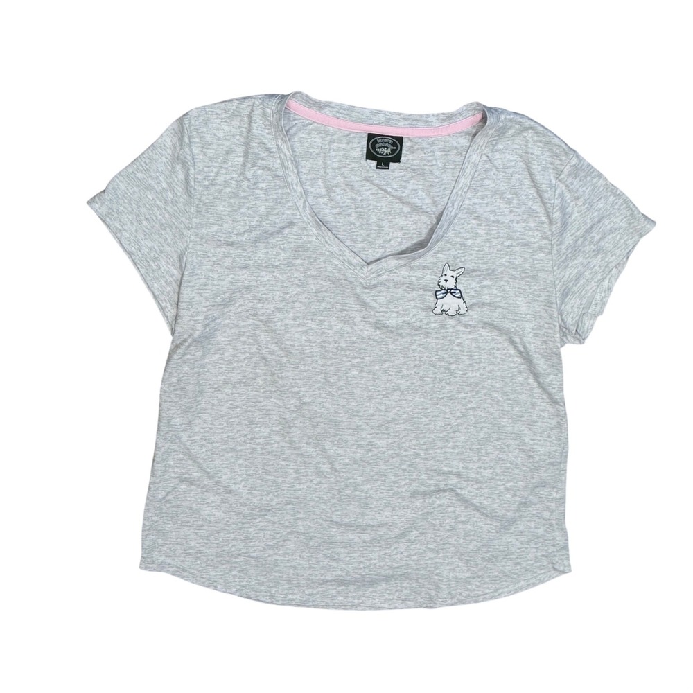 Laura Ashley Gray Heather V-Neck T-Shirt Embroidered Westie Dog Large